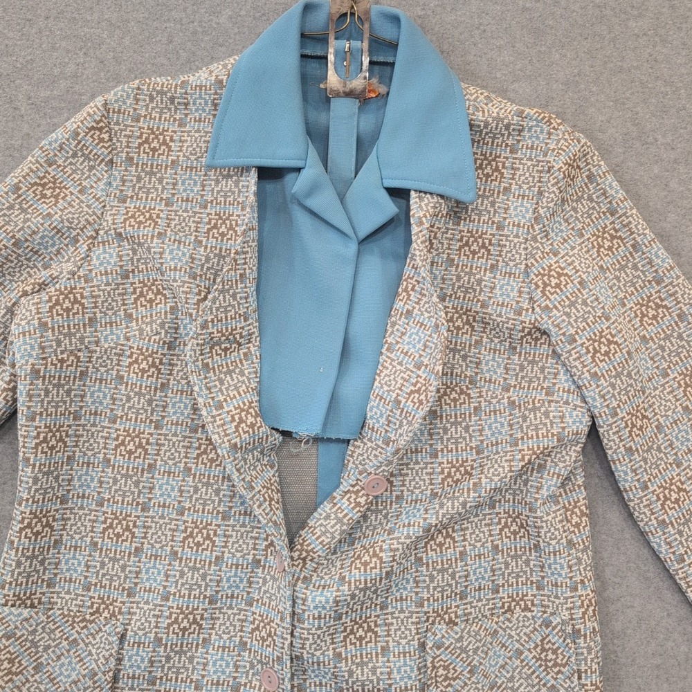 Vtg Lady Caro Blue & Tan Geometric Pattern‎ Button Front Coat Dress Size M - Picture 2 of 4